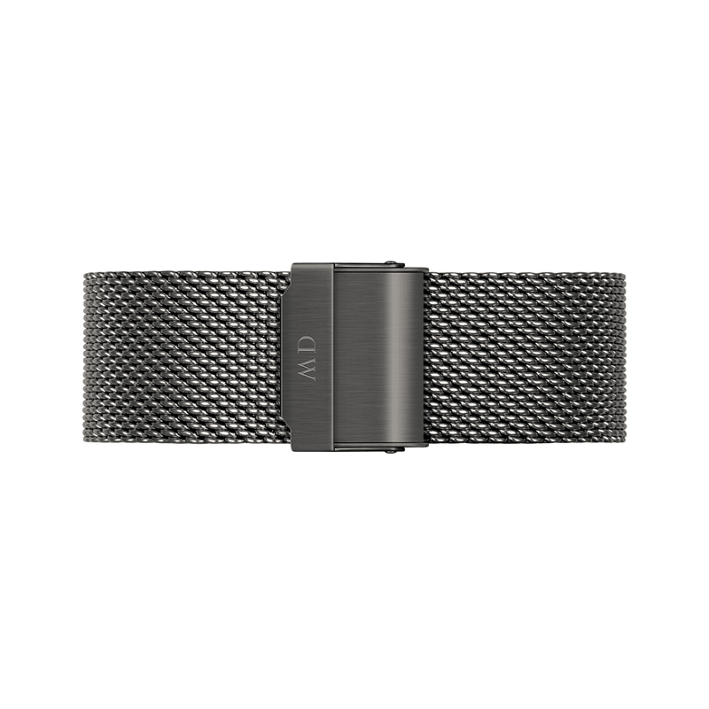 Metallic mesh watch band with a sleek clasp.