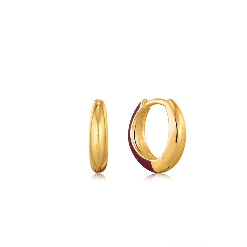 Ania Haie Claret Red Enamel Gold Sleek Huggie Hoop Earrings