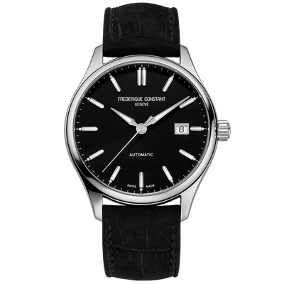 Elegant wristwatch with a black leather strap and silver case displaying a black dial.