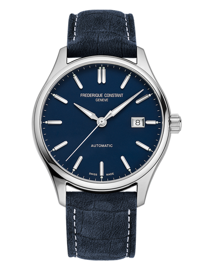 Elegant wristwatch with a blue dial and black leather strap.