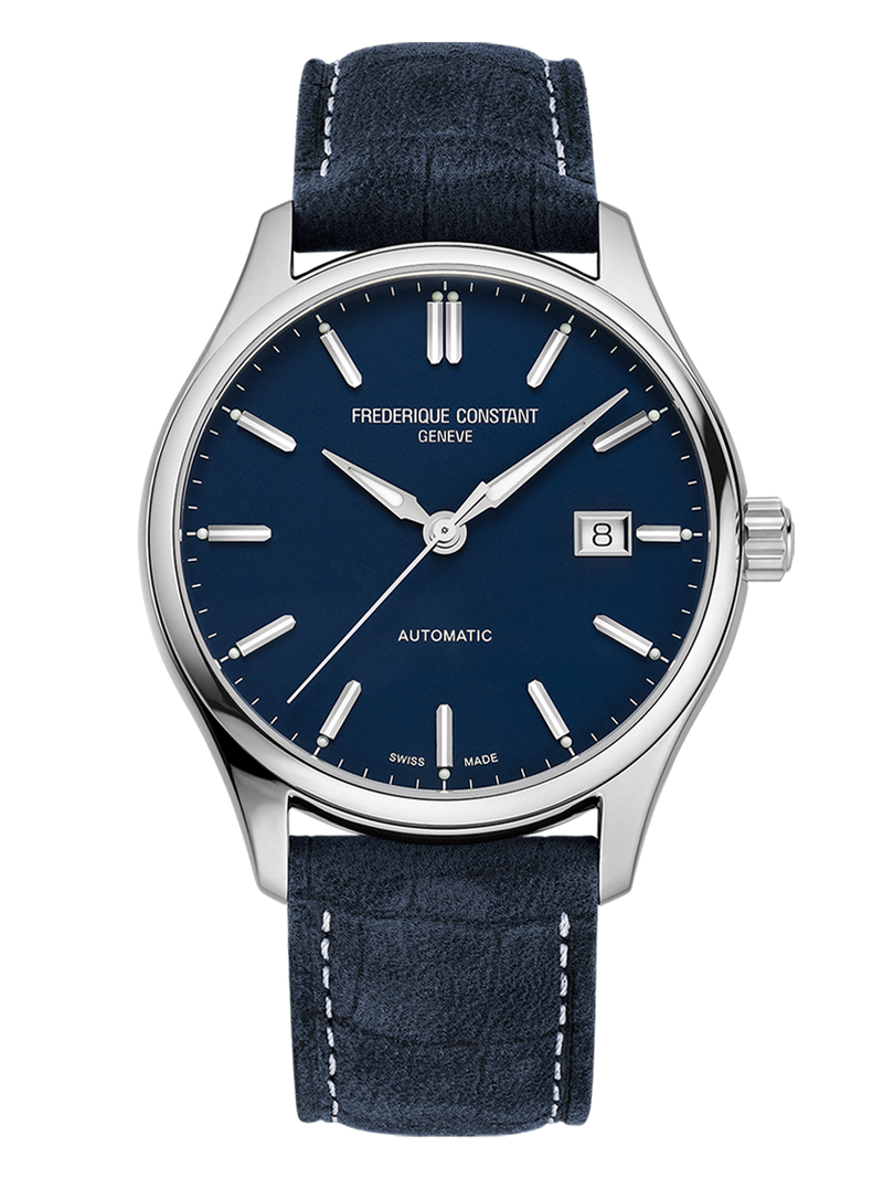 Elegant wristwatch with a blue dial and black leather strap.