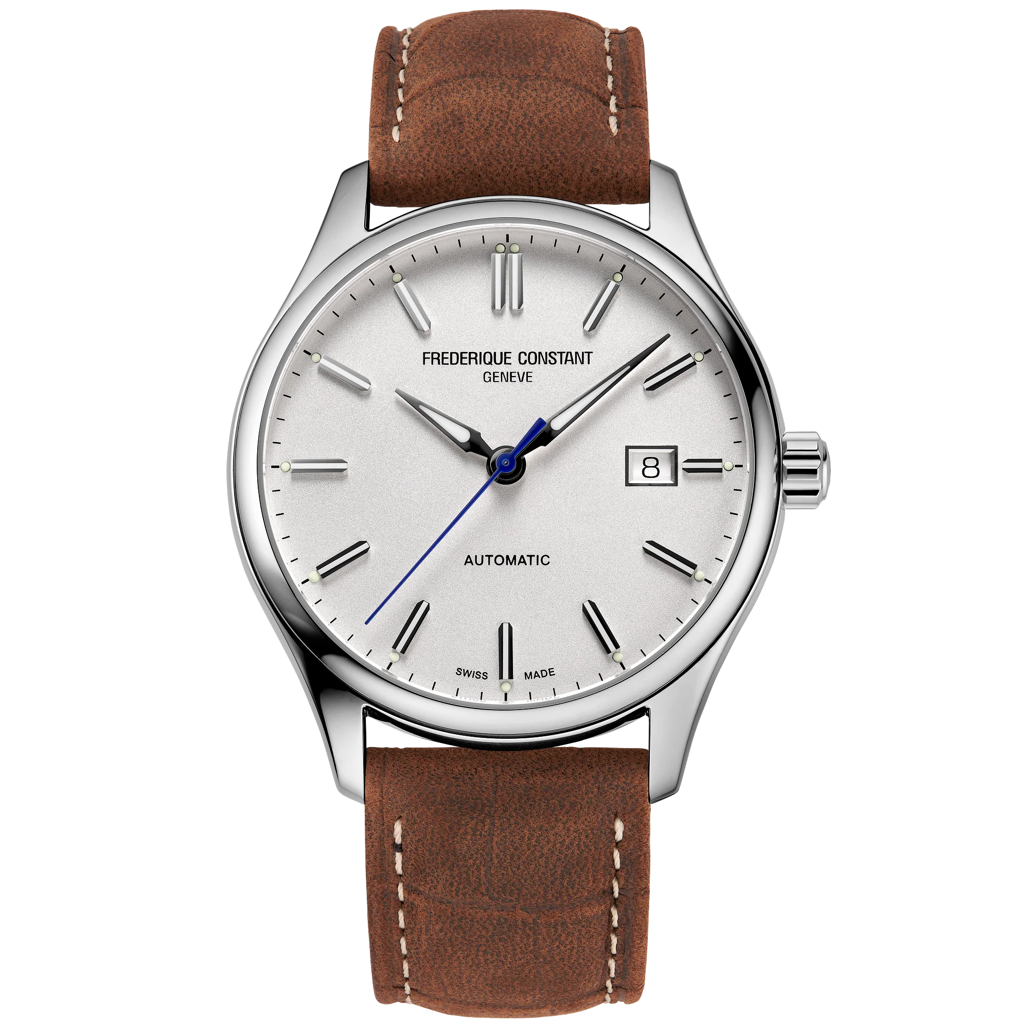 Elegant wristwatch with a white dial, silver case, and brown leather strap.