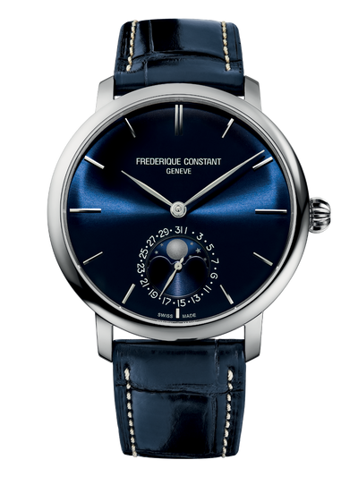 Elegant wristwatch with a deep blue dial and leather strap.