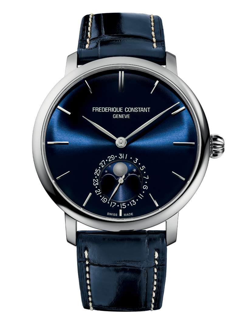 Elegant wristwatch with a deep blue dial and leather strap.