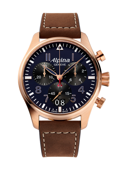 Luxury wristwatch with a blue dial, rose gold case, and brown leather strap.