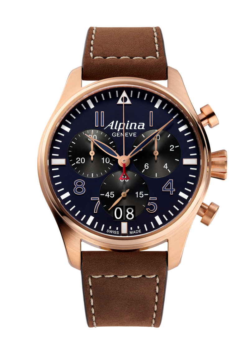 Luxury wristwatch with a blue dial, rose gold case, and brown leather strap.