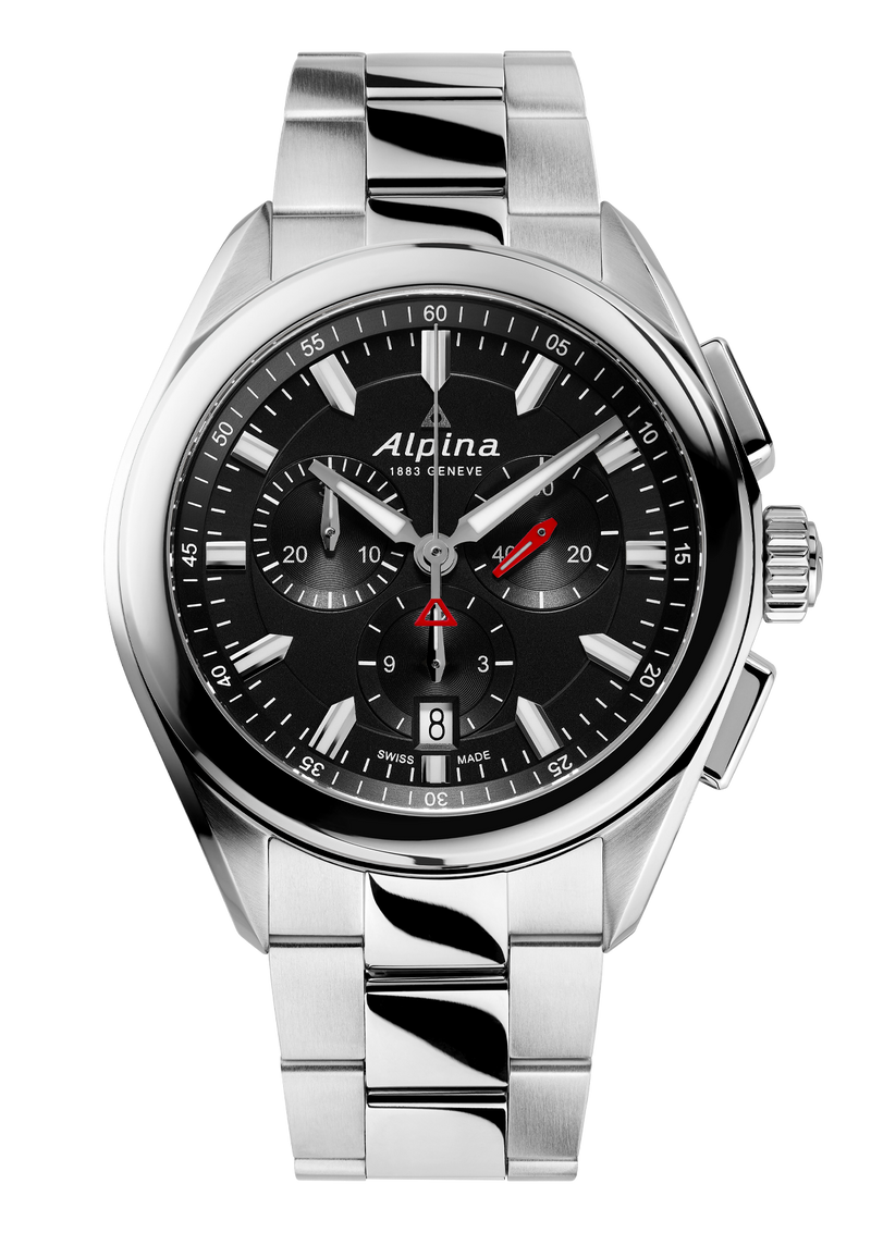 Stainless steel chronograph wristwatch with a black dial and Alpina branding.