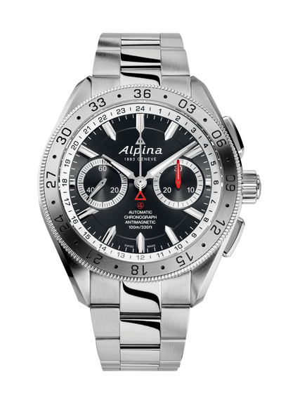 Stainless steel chronograph wristwatch with a black dial and silver bezel.