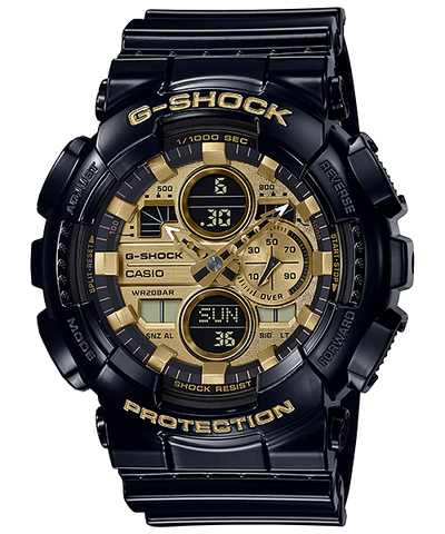 G-Shock watch with a black and gold color scheme featuring multiple digital displays.