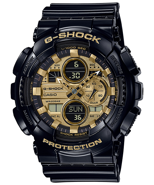 G-Shock watch with a black and gold color scheme featuring multiple digital displays.