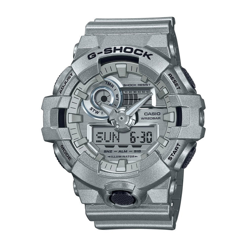 Silver G-Shock digital wristwatch with a rugged, multifunctional design.