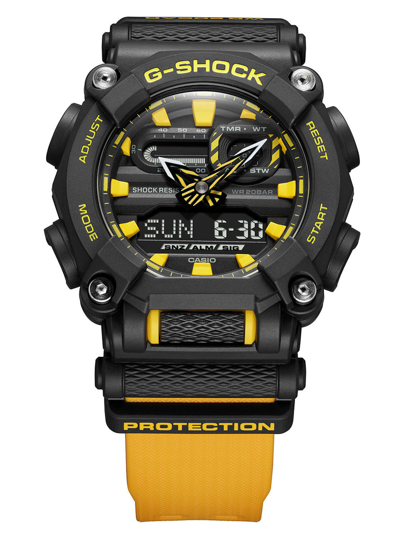 G-Shock wristwatch with a black case and yellow accents on the dial and strap.