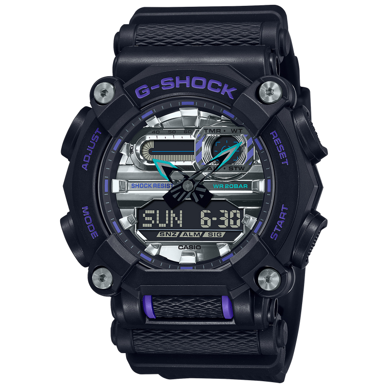 G-Shock digital wristwatch with a black case and purple accents.