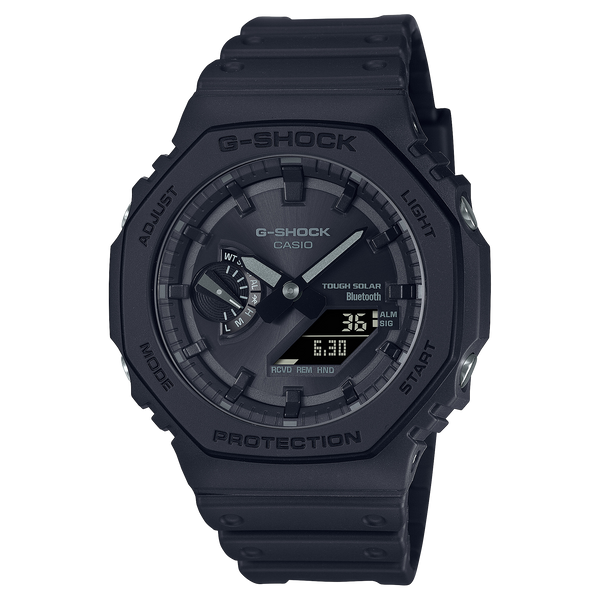 Black G-Shock digital wristwatch with analog-digital display.