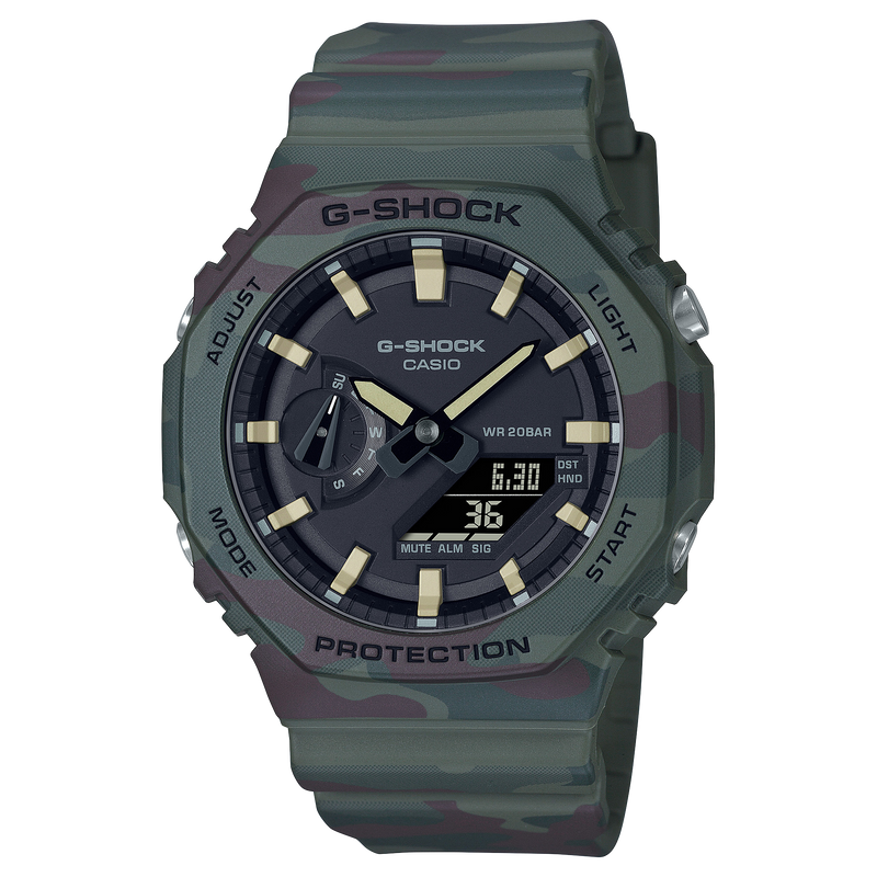 G-Shock wristwatch with a dark green band and black dial face.