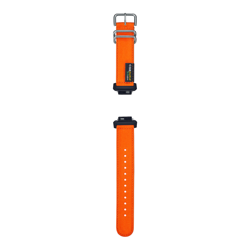 Bright orange watch strap with a silver buckle and black accents.