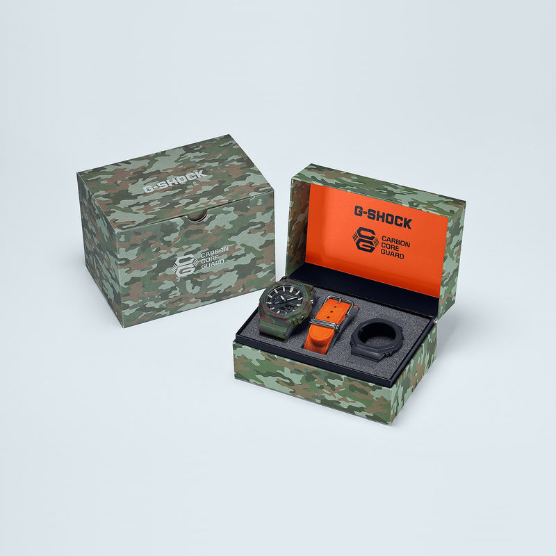 G-Shock watch gift set in camouflage-patterned packaging with an orange interior.