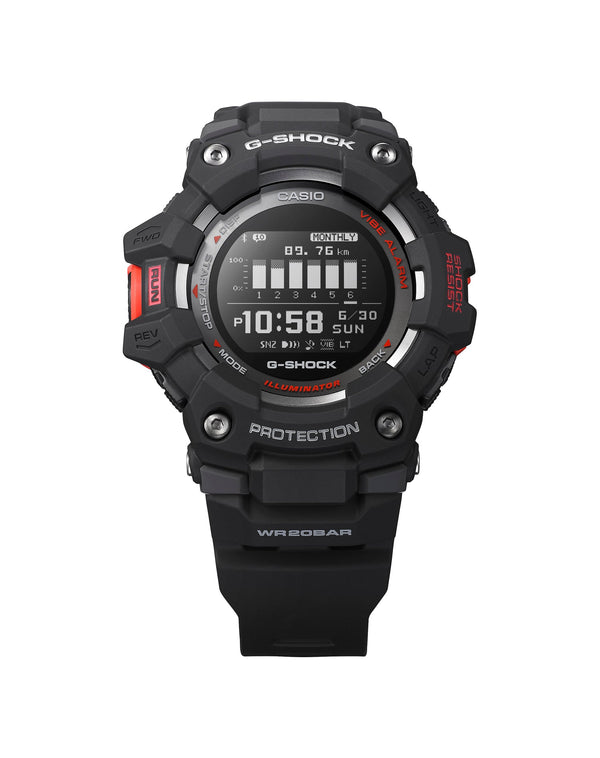 Rugged black G-Shock digital wristwatch with red accents and a prominent display.