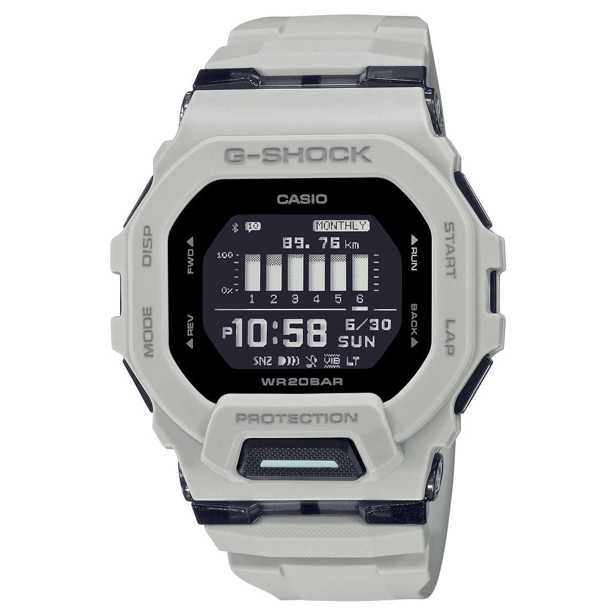 G-Shock digital wristwatch with a white case and black display.