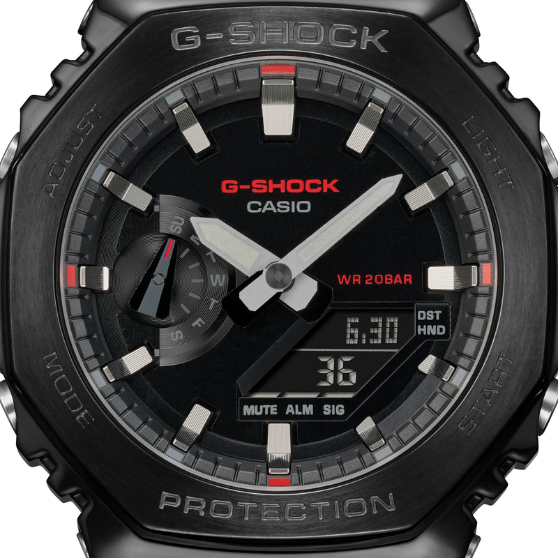 G-Shock watch face with analog and digital displays, featuring a black and red color scheme.