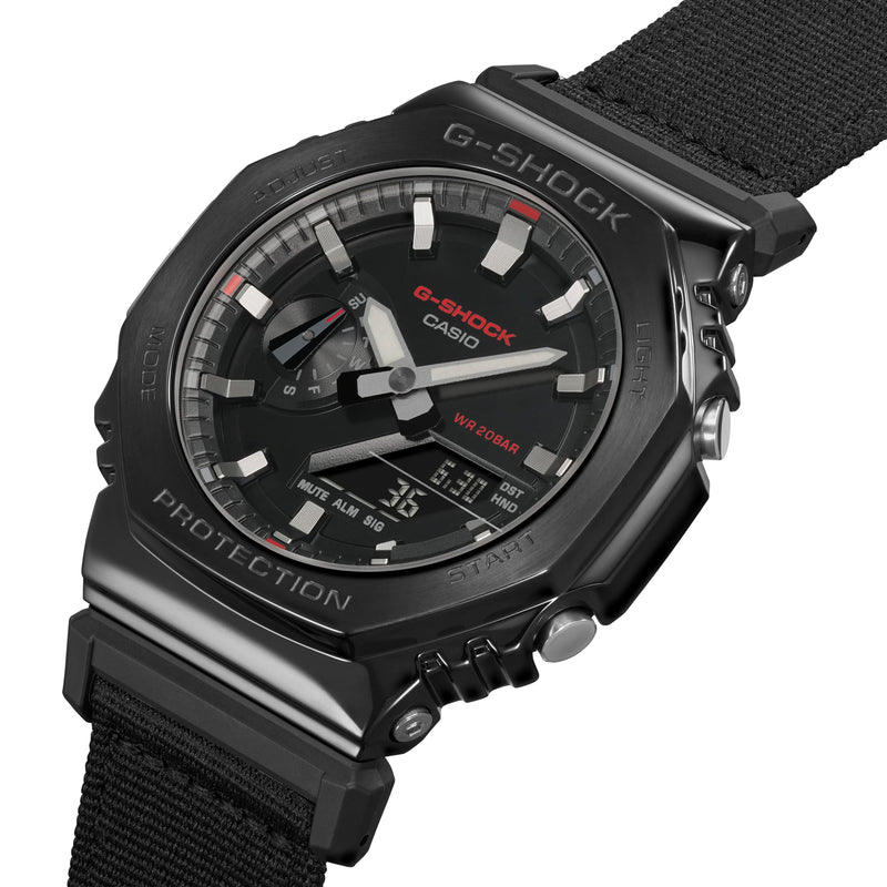 Black G-Shock wristwatch with analog-digital display and fabric strap.