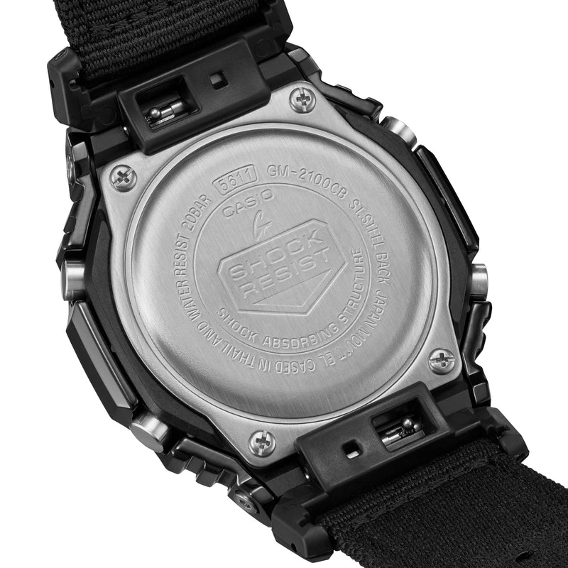 Back of a Casio G-Shock digital watch with a black strap.