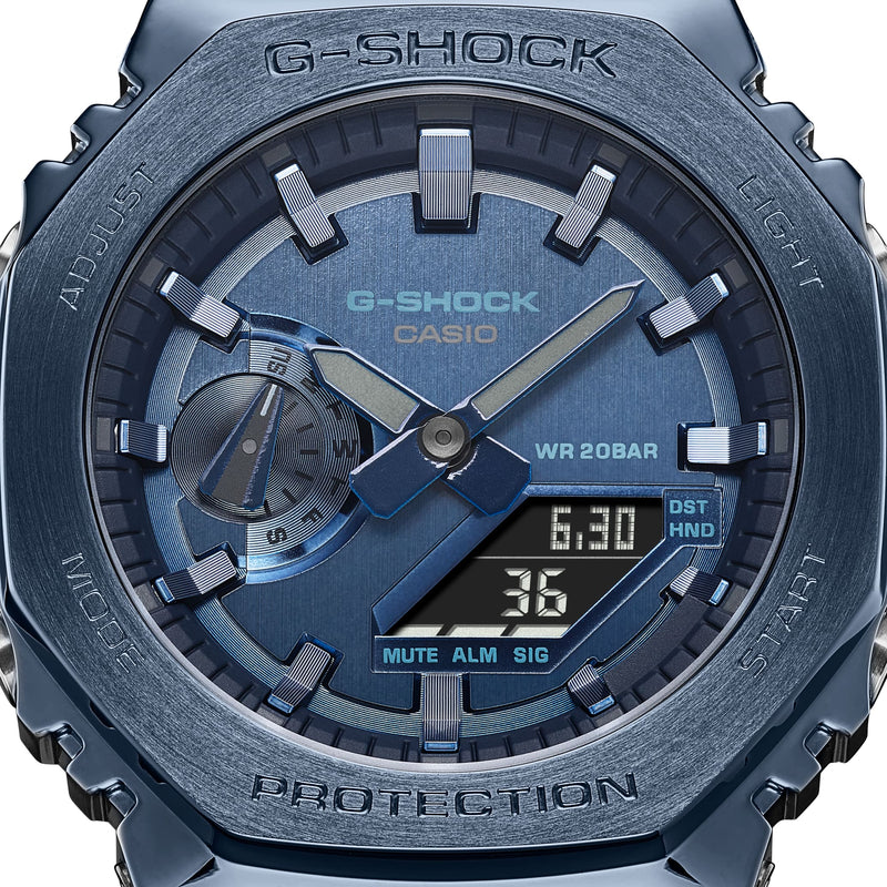 Blue G-Shock watch with analog and digital displays.