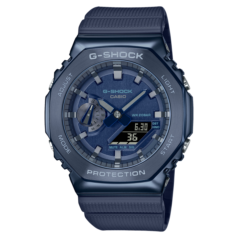 Navy blue G-Shock digital-analog wristwatch with a rugged design.