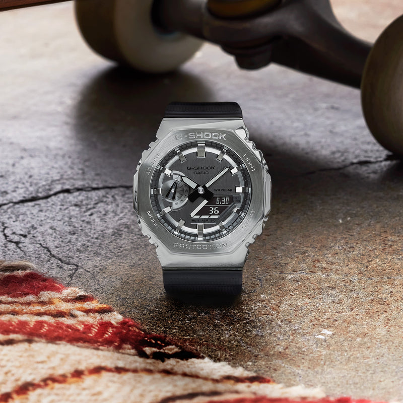 G-Shock watch with a gray metallic case and black digital display.