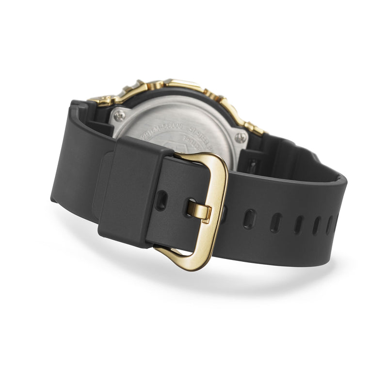 Black leather watch strap with a gold-toned buckle.