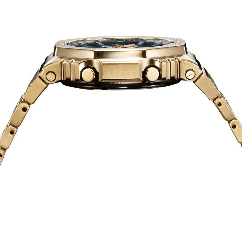 Gold-toned luxury wristwatch with a prominent bezel and linked bracelet.