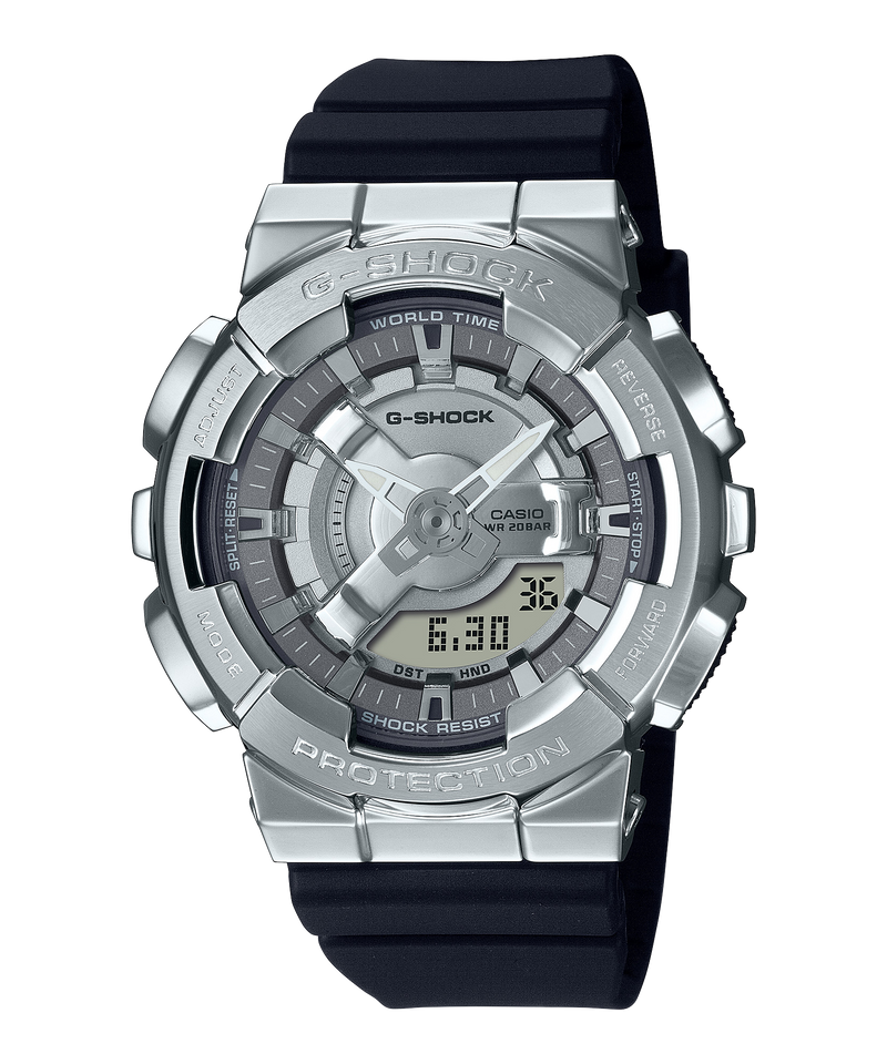 G-Shock wristwatch with a silver metallic case and black band.