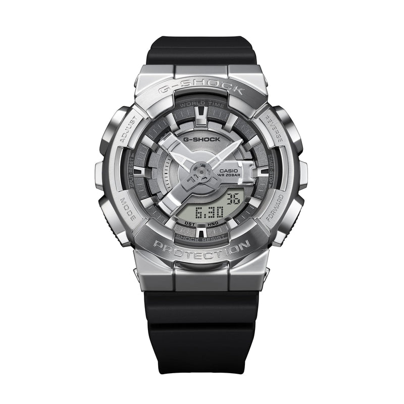 Silver and black G-Shock digital wristwatch with a complex dial design.