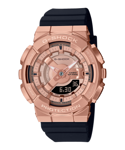 Rose gold G-Shock watch with a black strap.