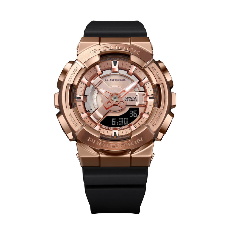 Rose gold G-Shock watch with a black rubber strap and analog-digital display.