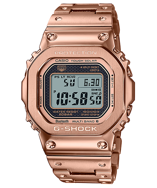 Rose gold G-Shock digital watch with a square face and metal bracelet.