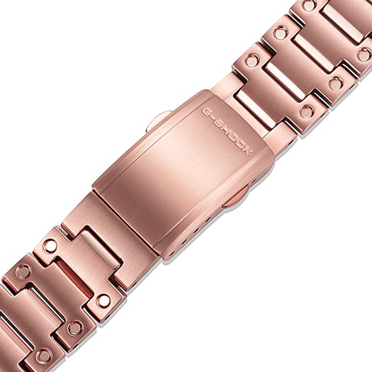 Rose gold metal watch band with rectangular links and visible screws.