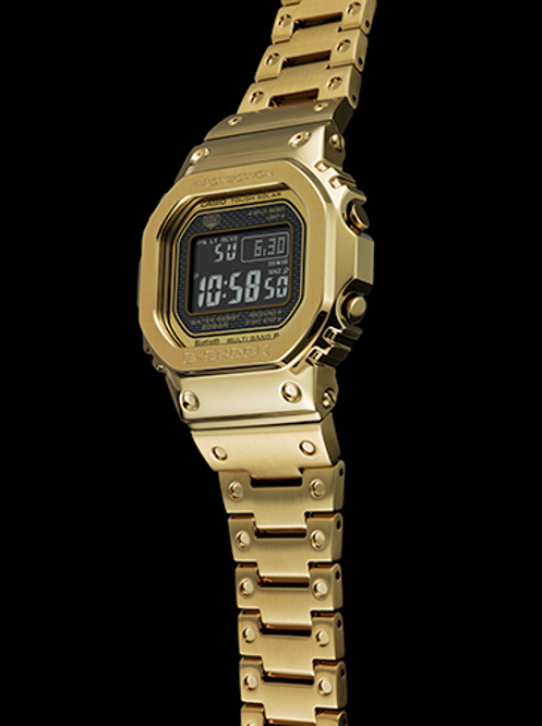 Gold-colored digital wristwatch with a square face and metal bracelet.