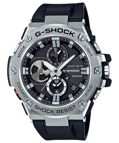 G-Shock wristwatch with a silver metallic case and black dial featuring multiple subdials.