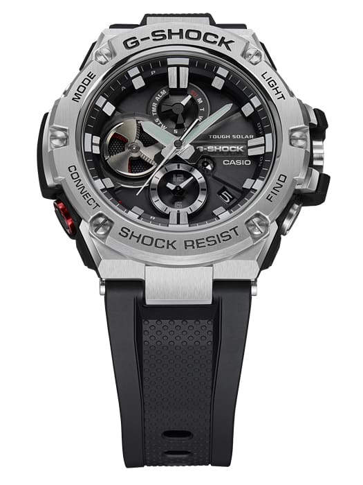 G-Shock wristwatch with a silver metallic case and black rubber strap.