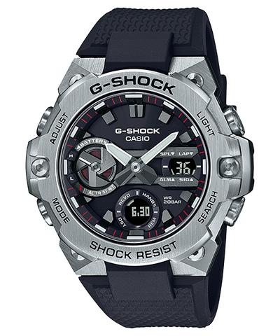 G-Shock wristwatch with a silver metal case and black dial on a black rubber strap.