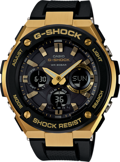 Gold and black G-Shock wristwatch with multiple dials and a digital display.