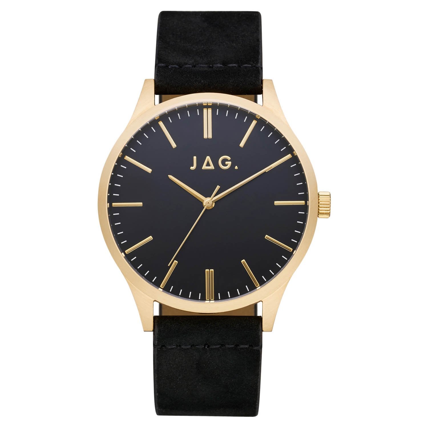 Gold-toned wristwatch with a black face and leather strap.