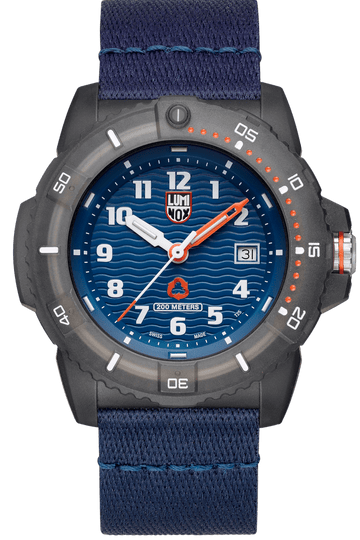 Rugged sports watch with a blue dial and navy fabric strap.