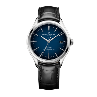 Elegant wristwatch with a blue dial, silver case, and black leather strap.