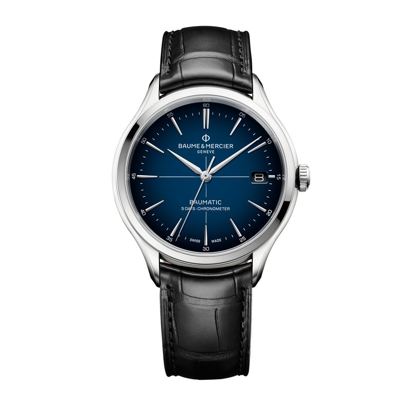 Elegant wristwatch with a blue dial, silver case, and black leather strap.