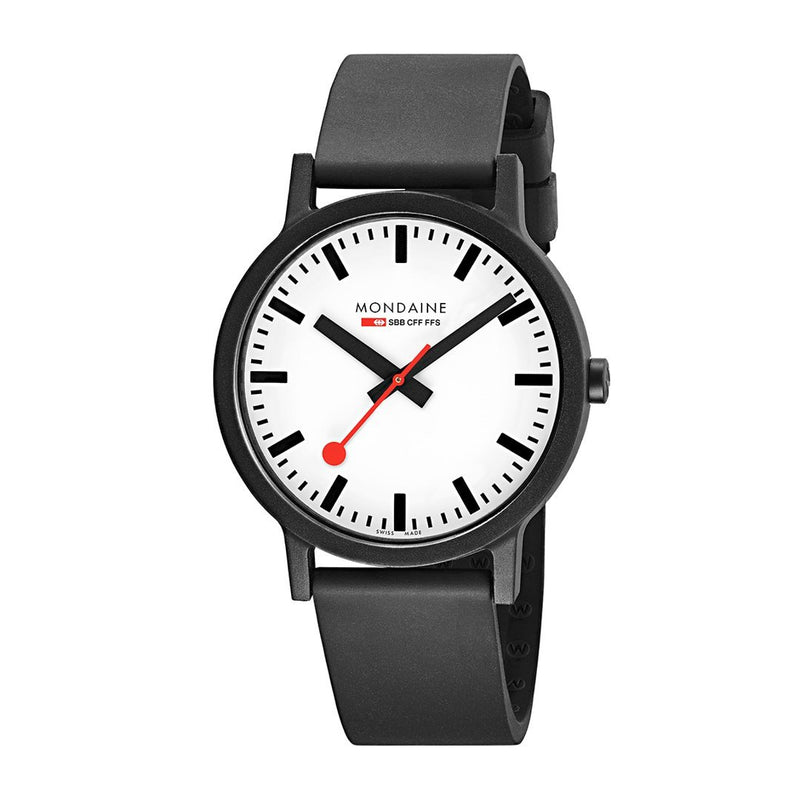 Minimalist wristwatch with a black band and white face displaying the Mondaine brand.