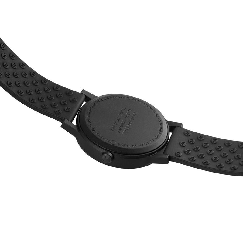 Black wristwatch with a textured rubber strap and round face.