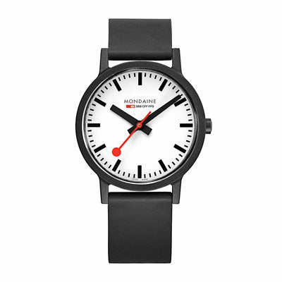 Minimalist black wristwatch with a white dial and red hands.