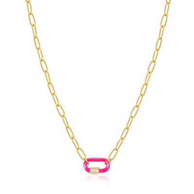 Neon Pink Enamel Carabiner Gold Necklace